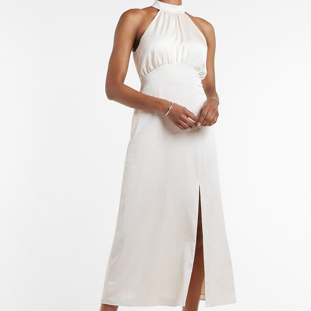 EXPRESS Satin Halter Maxi Slit Dress New With Tags Small Ivory Cream Evening